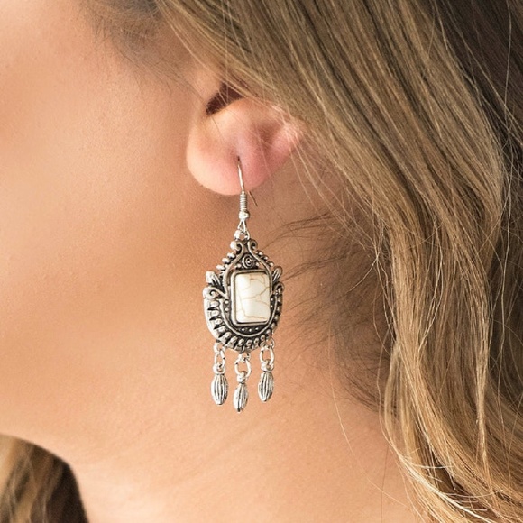 Silver Frame Square White Stone Fringe Earrings Fishhook OPEN PASTURES - Picture 2 of 2